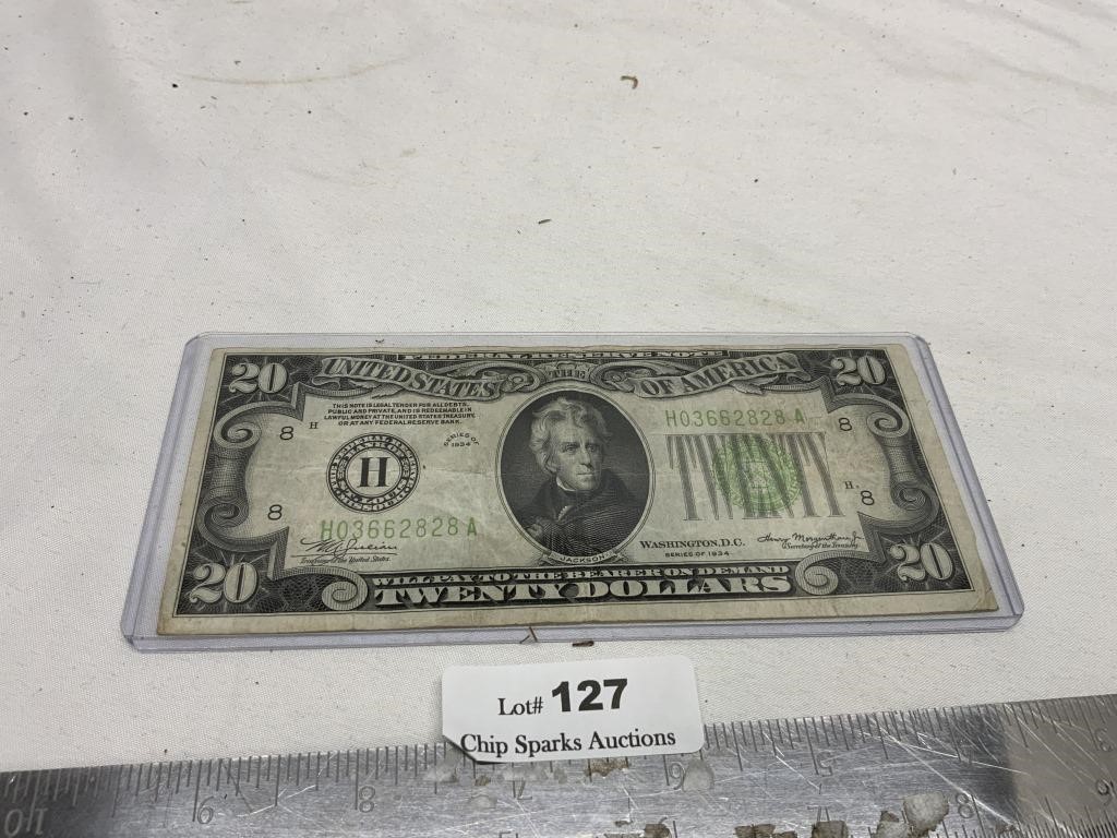 1934 $20 Note In Custom Holder, Nice Crisp Bill