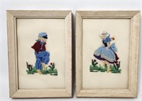 Needlepoint Boy & Girl on Wood Frame VTG