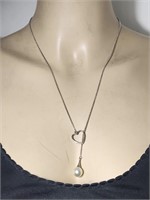 Heart Faux Pearl Lariat Necklace Sterling Silver G
