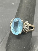 925 Silver w/ Aquamarine & Marcasite Stone Ring,