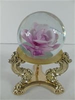 Glass Paper Weight w/ Pink Flower and Stand