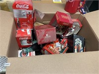 Box With Coke Tins & Misc Glasses