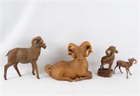 Three  Wood Carved Rams + Ceramic