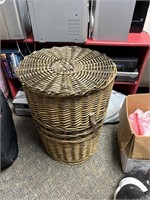 large 2ft tall basket with lid full of linens