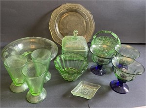 Assorted Green Depression Glass Platter, Trinket