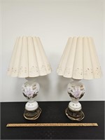 Pair of Hand Painted Floral Table Lamps- Brass