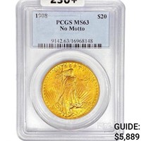 1908 $20 Gold Double Eagle PCGS MS63 No Motto