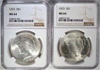 2- 1923 PEACE SILVER DOLLARS, NGC MS-64