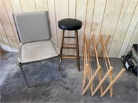 Wooden Bar Stool W/ Black Cushion, Metal Chair