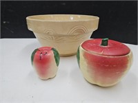 12" Pottery Bowl Apple Jar & Shakers Some Flaws