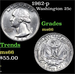 1962-p Washington Quarter 25c Grades GEM+ Unc