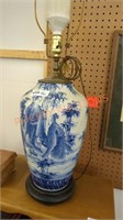 Vintage blue and white Asian print tall table lamp