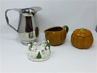 water pitcher, candle holder, cream and sugar set