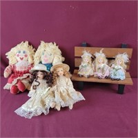 Porcelain Dolls, Rag Dolls and Doll bench