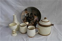 Canadian pottery, cookie jar, 2 mugs, 9" jug