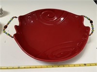 Large Red Bowl with Bead Handles
