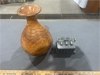 Wooden vase 18” tall and metal bank