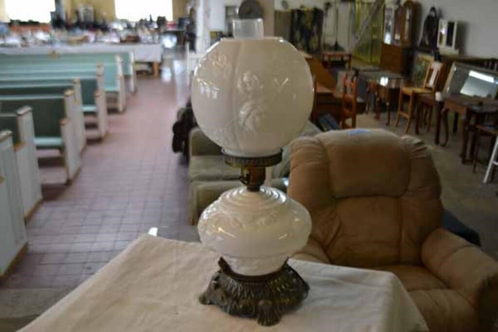 Rose on White Glass Hurricane Style Lamp
