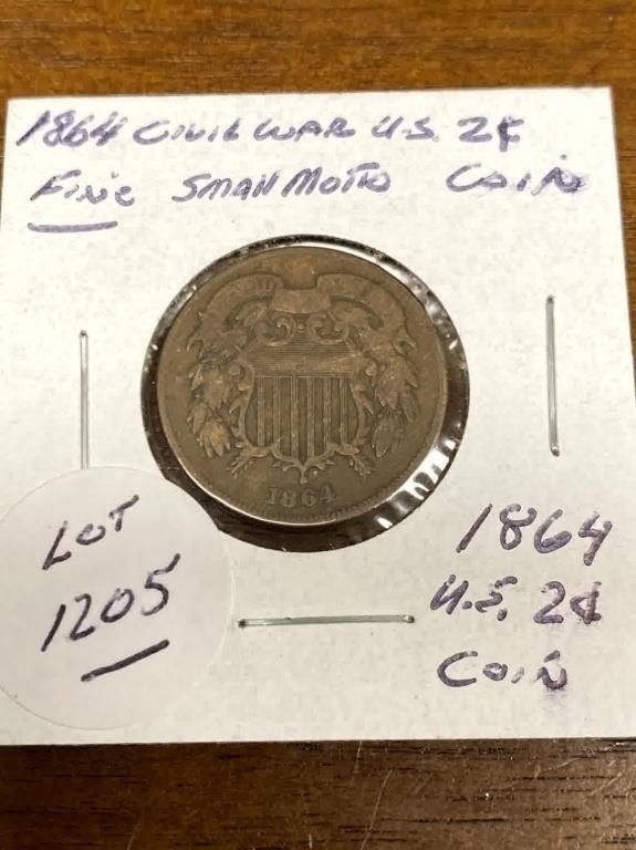 1864 CIVIL WAR U.S. 2 CENT SMALL MOTTO COIN