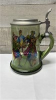 Unique Green Glass Figural Beer Tankard With Pewte