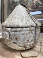 Native American Basket w/Animal Fur Cover 8"