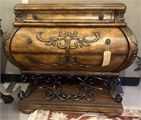 Carved Wood Bombe Chest With Metal Base