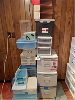 Large lot of small totes, plastic drawer units,