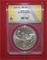 1991-P Mt Rushmore Silver Dollar   MS69  ANACS