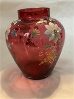 5" Cranberry Hand Painted Flower Vase