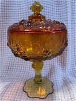 Amber Glass Compote with Lid 9"