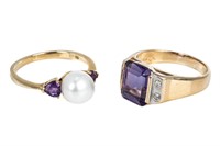 TWO 14K GOLD AND AMETHYST DRESS RINGS, 7.4g