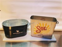 PAIR OF SOL(HAS OPENER) & MOOSEHEAD TIN ICE PAILS