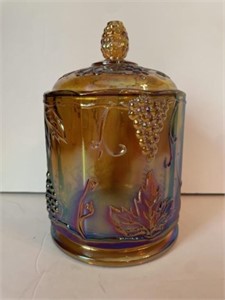 Indiana Gold Carnival Glass Harvest Grape Canister