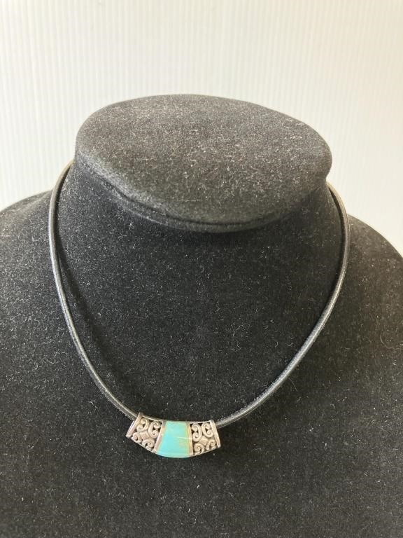 14" leather necklace w/ turquoise .925 TH
