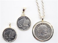 (3) USA Coin Pendants & One Chain-23" Long