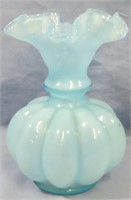 VINTAGE FROSTED BLUE GLASS RUFFLED VASE