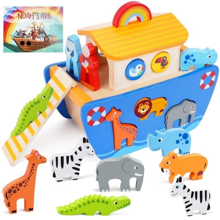 Toddlers Wooden Noah's Ark Toy Animal Playset, Bap