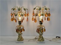 HOLLYWOOD REGENCY TABLE LAMPS-AMBER GLASS CRYSTALS