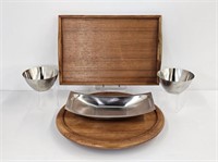 2 TEAK & 2 STAINLESS SERVING PIECES