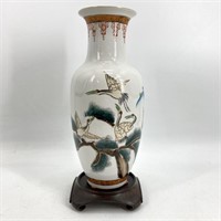 Crane Decorated Porcelain Vase & Stand