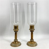 Pair Candle Holders With Hurricane Glass Chimneys
