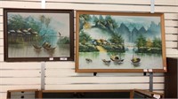 2 FRAMED PAINTINGS OF CHINESE BOATS,