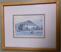 ART-Framed Original Watercolor  blue Cityscape