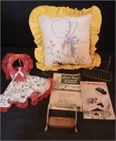 Embroidered Pillow, Metal Soap Dish,2 Old Books