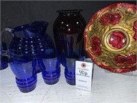 VTG Cobalt Blue Pitcher and Four Tumblers,