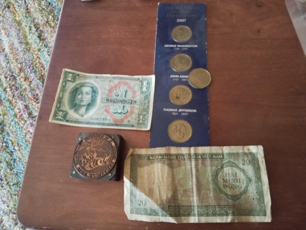 Currency and stamp, 4 $1 coins, a $1MPC, as well
