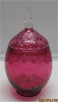 8-1/2" CRANBERRY COVERED CANDY DISH VERY NICE.