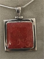 Vintage Coral Sterling Silver Pendant & Chain