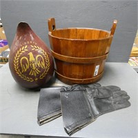 Wooden Bucket, Gourd Pitcher, Leather Gloves