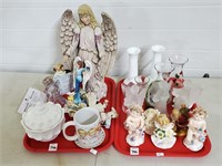 2 Trays of Angel Figurines, Milk Glass Candy Dish